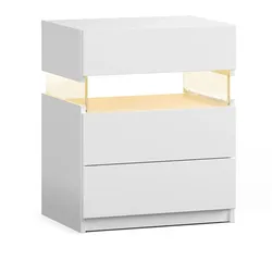 MODFU Nachttisch Holzwerkstoff Weiß mit RGB-LED und 3 Schubladen, vielseitig einsetzbar