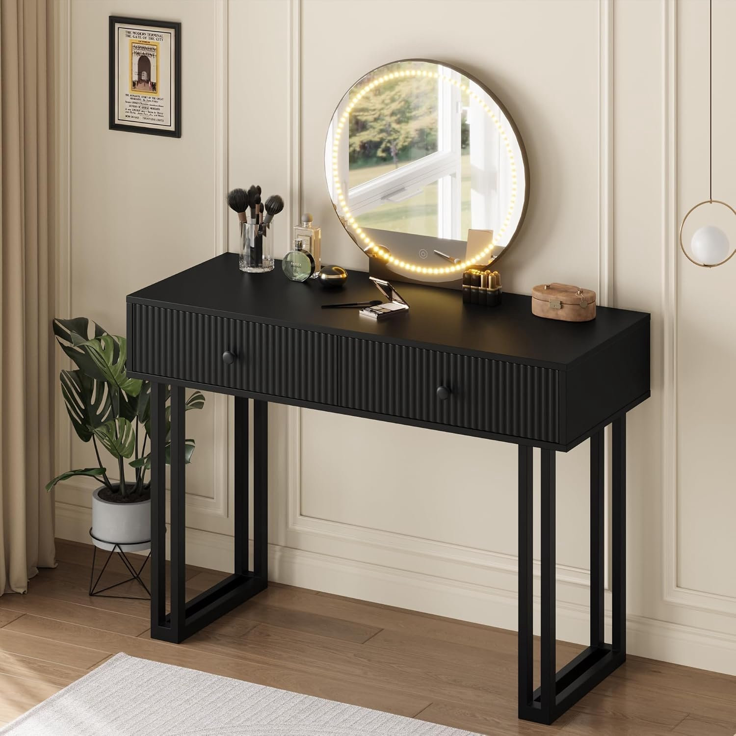 Danky Kaptafel met Spiegel en Verlichting, Zwart, Breedte: 100 cm
