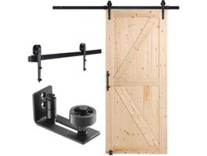 VEVOR Scheunentor und Hardware-Set, 91,4 x 213,4 cm Holz-Schiebetor, sanft und leise, Scheunentor-Set mit 8-in-1-Bodenführung und Türgriff, Fichtenholz-Platte