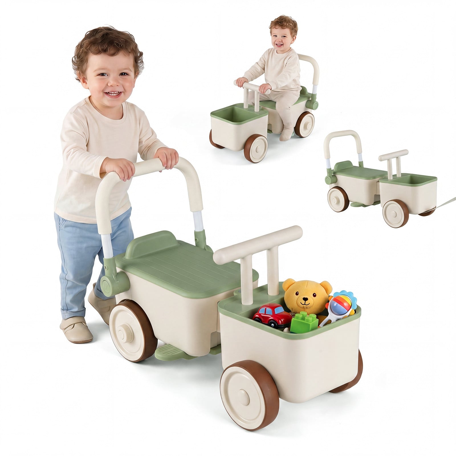 Costway 3-in-1 Loopwagen en Kinderwagen met Opbergruimte, Groen