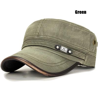 Distressed Washed Cotton Cadet Flat Cap With Leather Binding green
