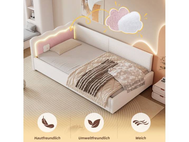 Daybed – Lit banquette – 90 x 200 cm – Éclairage LED d'ambiance – Sommier à lattes – Blanc et rose