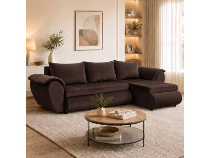 FORNIRO 24 Sierano Ecksofa 265x143x83cm Braun Wohnzimmer Couch Schlafsofa Mit Schlaffunktion & Bettkasten - L-Form - Kissen - Stoff Komfort ausziehbar Gäste bequem Stauraum Design hochwertig robust
