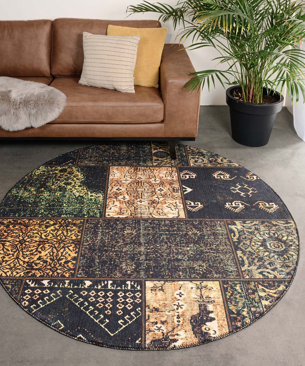 Rond patchwork vloerkleed Fade No.1 olijfgroen