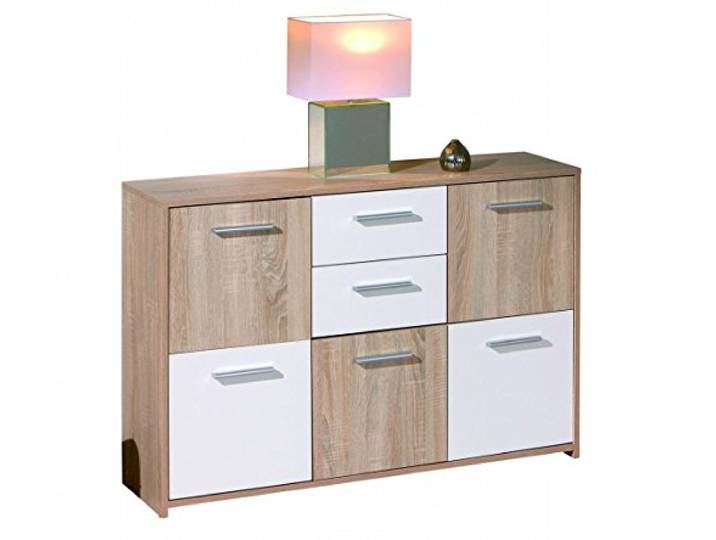 Inter Link – Kommode – Sideboard - Kommode mit 5 Türen und 2 Schubladen – 2 Farbig – Melaminbeschichtet – Sonoma Eiche Nachbildung und Weiß – BxTxH: 115x30x77 cm – Elvezia