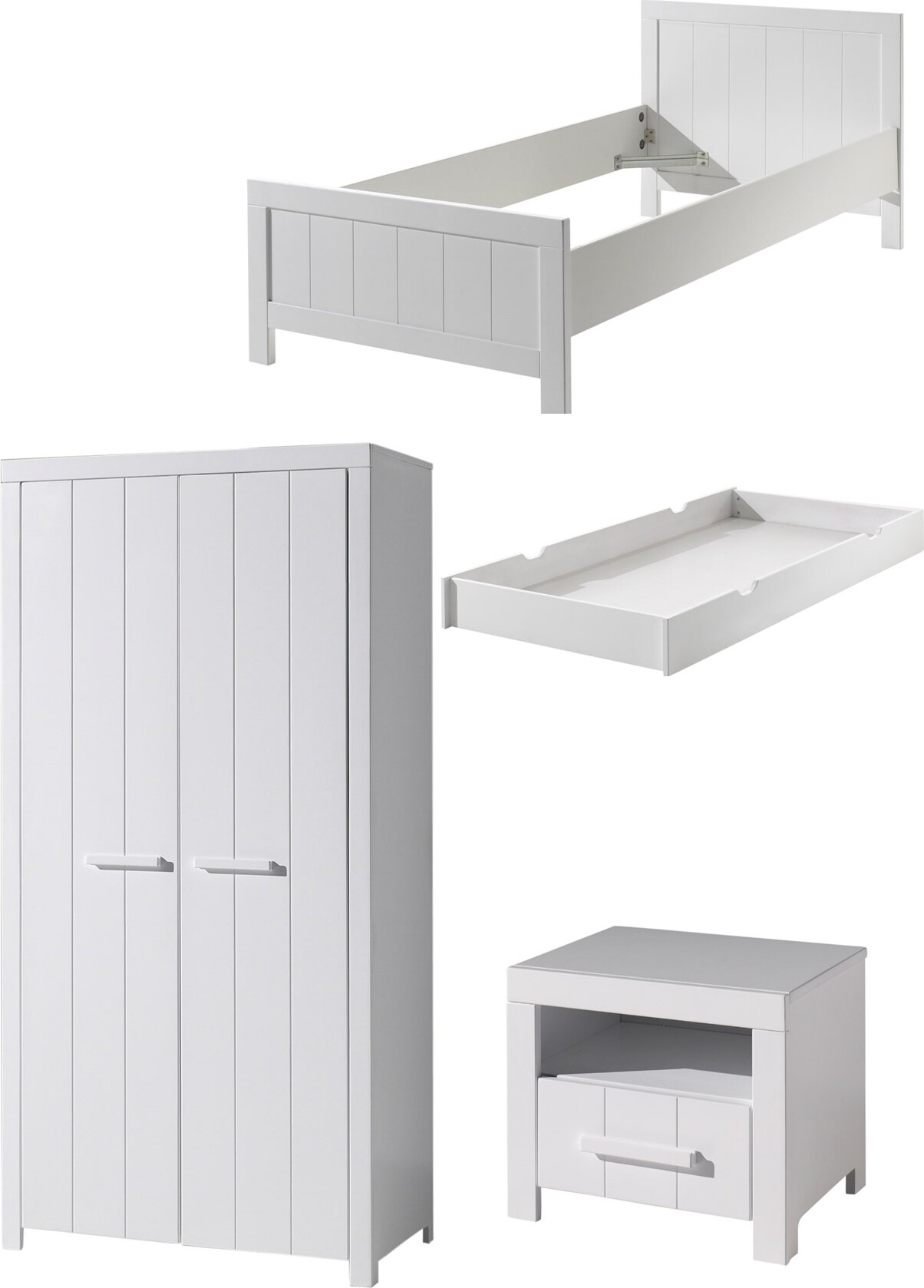 Diese ERIK-Kombination in Weiß besteht aus einem Bett (90x200) mit passendem Rollbett, Nachttisch und 2-türigem Kleiderschrank.