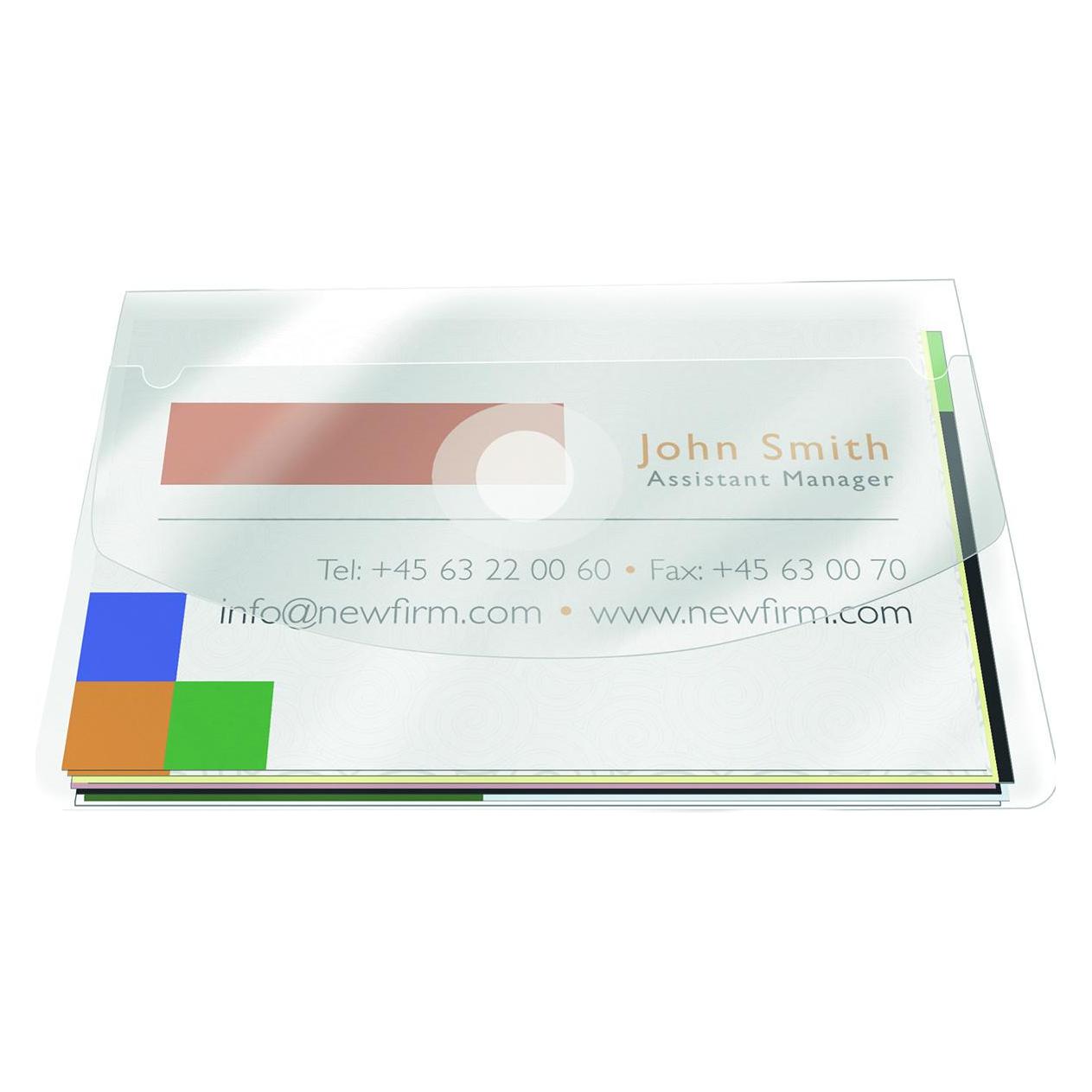 Q-Connect Selbstklebende Hülle für Visitenkarten, mit Klappe, 105 x 60 mm, 10 Stück, transparent (KF27041)