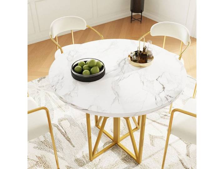 Table à manger ronde légère et luxueuse pieds dorés dessus MDF marbré or adaptée à salle à manger et salon