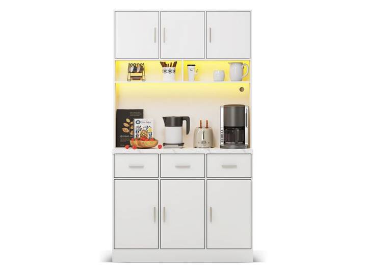 Buffet haut de cuisine - Blanc 100x40x180 cm - 3 portes 3 tiroirs - LED réglable - Prise USB
