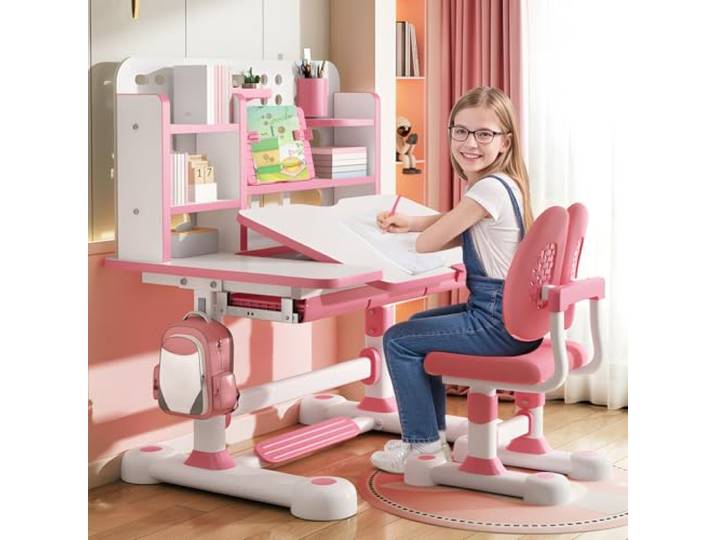 Schreibtisch kinder höhenverstellbar mit neigbarem,Kinder-Schreibtisch- und Stuhl-Set,kinderschreibtisch mit Sitzkorrektur, Ergonomischer Kinderschreibtisch Höhenverstellbar mit Buchständer (ROSA(NA))