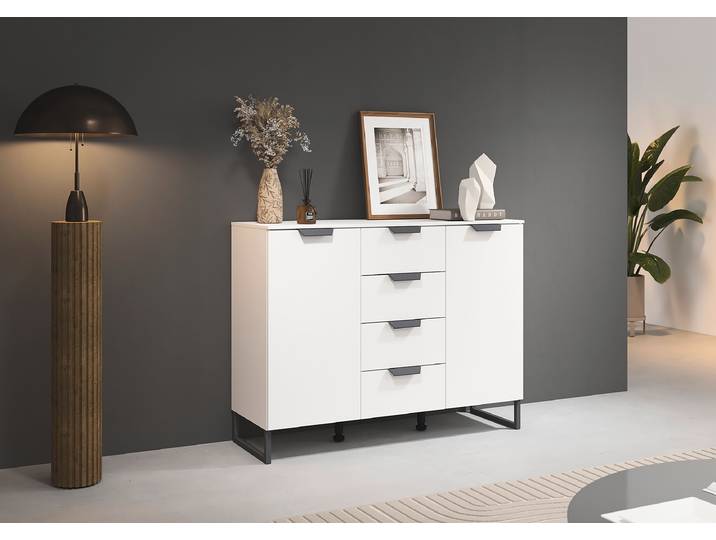 Commode Aditio avec portes & tiroirs 120 x 92 x 44cm Blanc/Blanc alpin