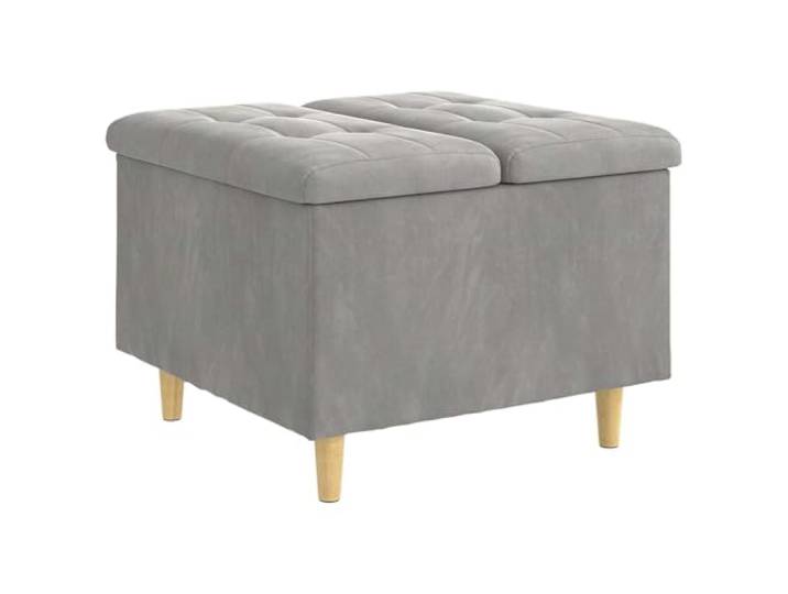 HKLGBVCR Ottoman Aufbewahrung Samt hellgrau 60 x 60 x 45 cm mit Holzfüßen Sitzsack mit Kofferraum, gepolsterter Sitz, grauer Velours, Füße aus braunem Holz, Pflege des Staubsaugers