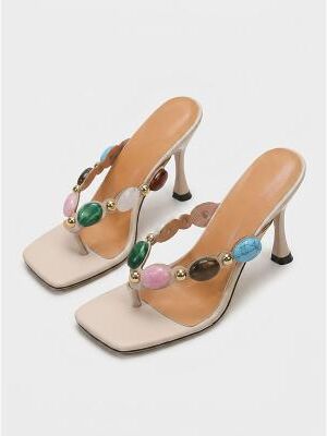LightInthebox Women's Jeweled High Heels - Luxury Bohemian Thong Sandals with Colorful Gemstones Flare Heel for Resort Dinners, Summer Galas Tropical Evening Parties