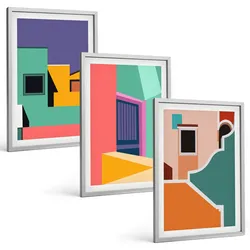 BILDER SET 3er Set - 40x60 cm Silberner Rahmen - Farbenfrohe Illustrationen der Stadt