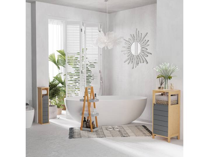 HOMCOM Étagère Salle Bain Bambou 3 Paniers Gris