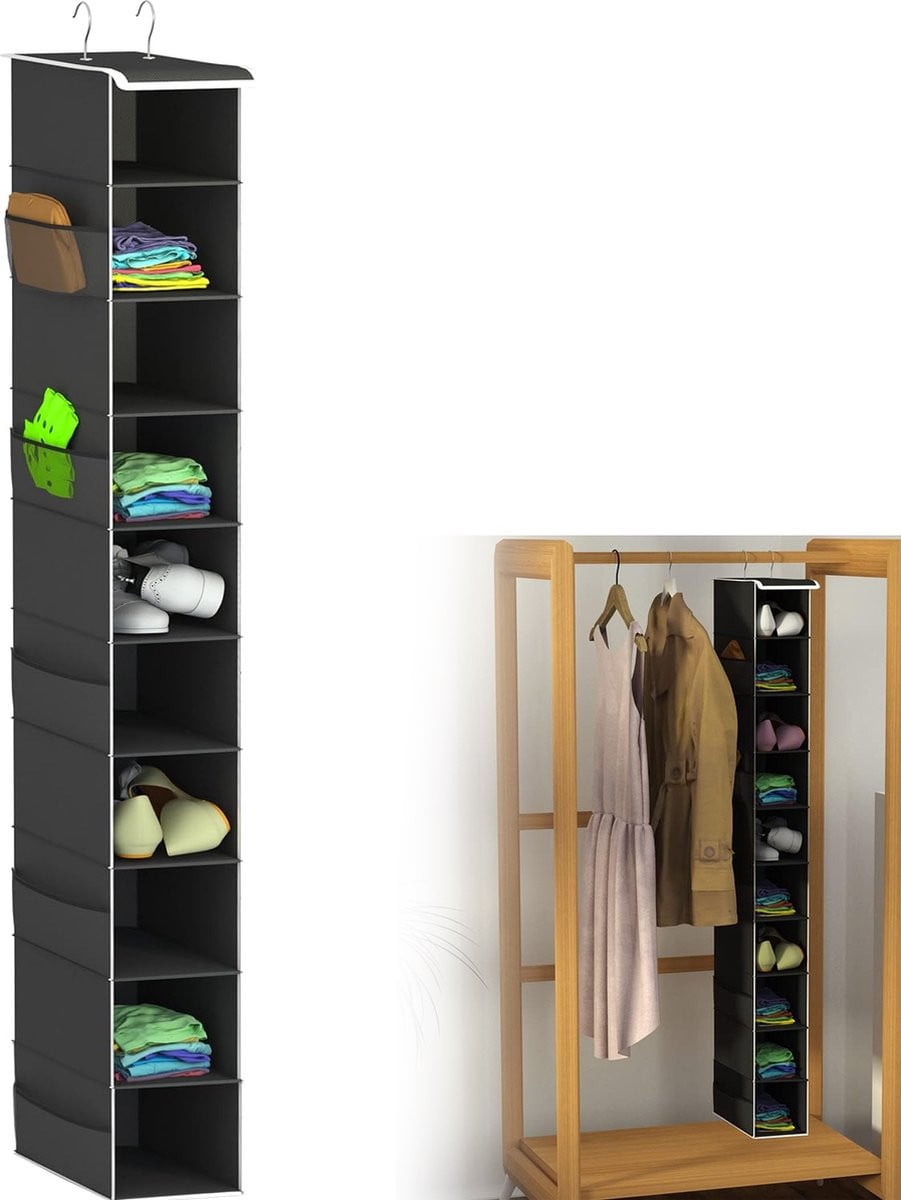 Zwarte hangende kastorganizer met 10 lagen voor kleding, handtassen, schoenen en accessoires