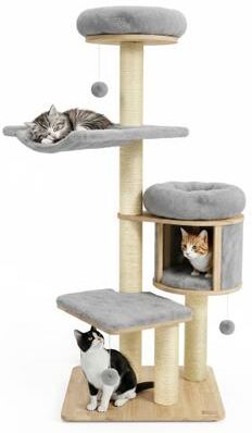 "Costway 55"" Solid Rubber Wood Cat Tree with Condo & Hammock and Scratching Posts for Adult Cats-Gray"