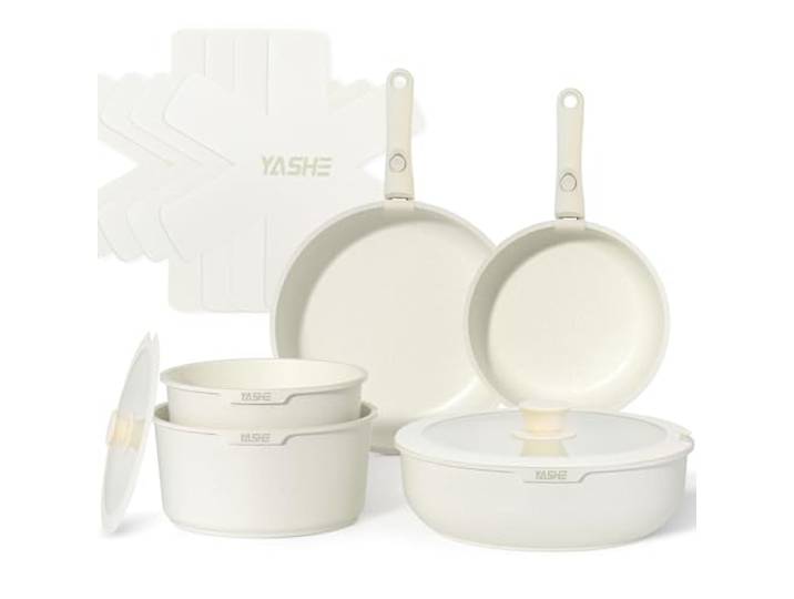 YASHE 13-teiliges Topf und Pfannenset, Granit TöPfe & Pfannen, Antihaft Induktions TöPfe Set, Pfannenset Mit Deckel, für Alle Herdarten, abnehmbarer Griff, Ofenfest, Stapelbar Platzsparend