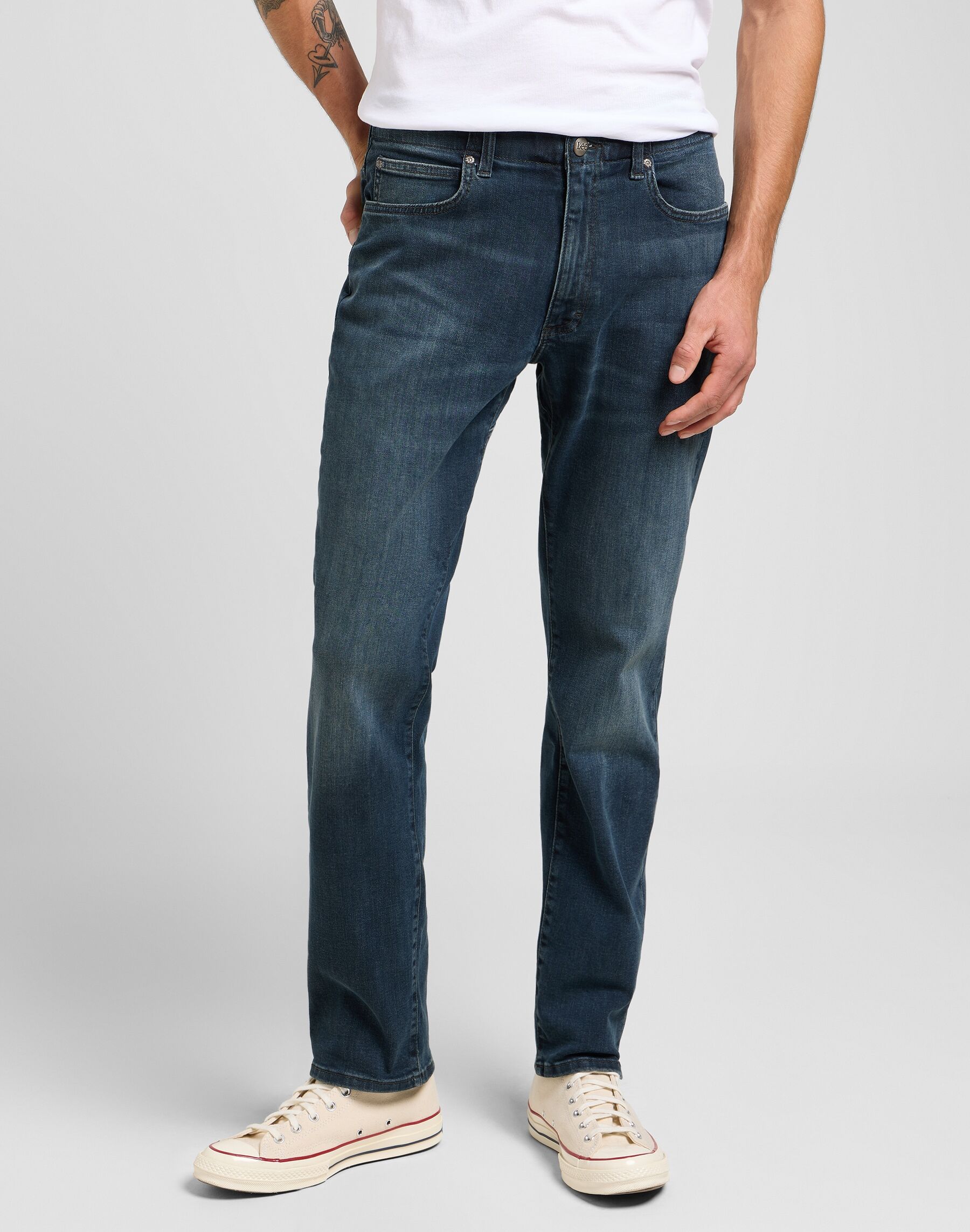 Straight-Jeans LEE "Extreme Motion", Herren, Gr. 34, Länge 34, blau (executive), Denim/Jeans, Obermaterial: 77% Baumwolle, 21% Polyester, 2% Elasthan, normal lang, Jeans Straight-Jeans, Extreme Motion Stretchware executive 34, Länge 34
