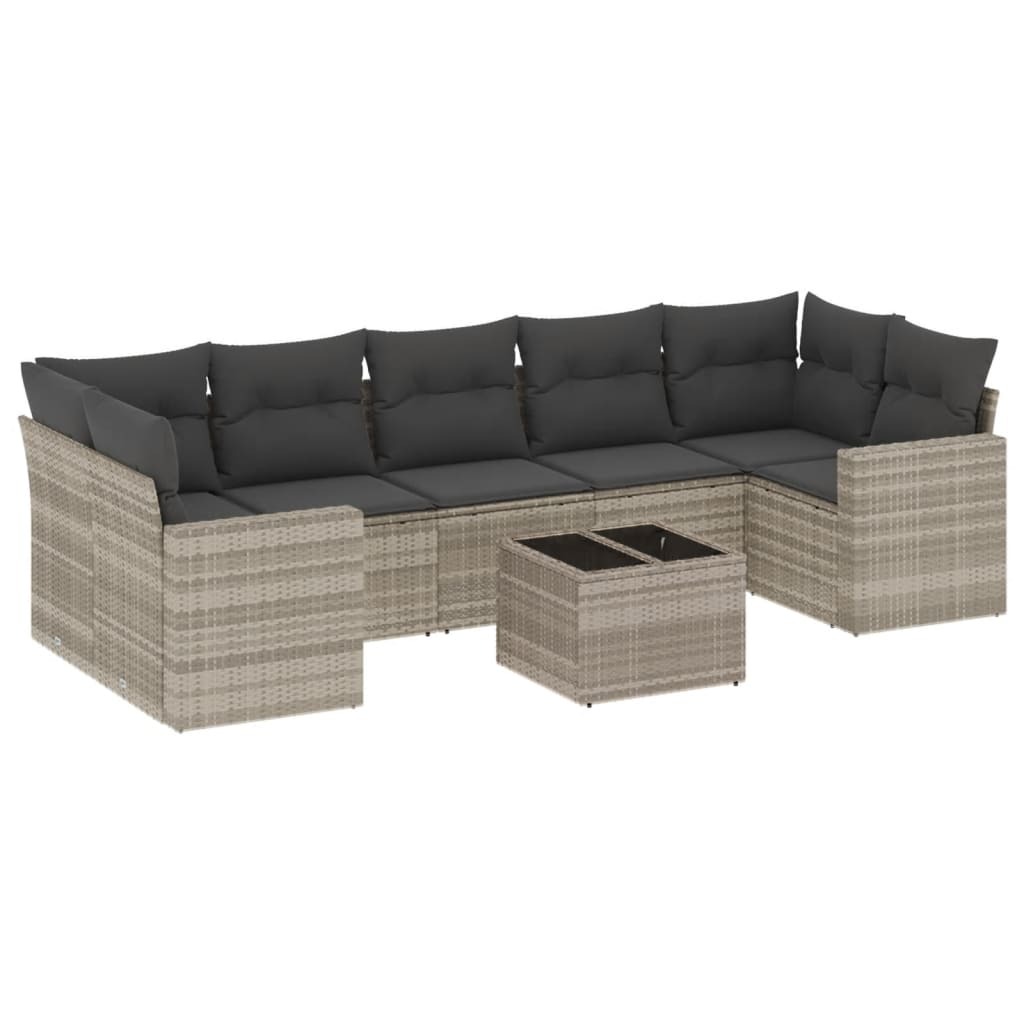 Modulares Garten-Sofa-Set, 8-teilig, mit abnehmbaren Kissen, Hellgrau, Poly Rattan, Hartglas-Tisch, UV-beständig