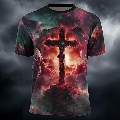 Oster-T-Shirt für Herren mit religiösem Allover-Print: Jesus, Kreuzigung, Engel, Himmel, Feuer, Licht. Kurzarm, Rundhalsausschnitt, Kirchen- und Gottesdienstmotiv, Karfreitags-T-Shirt,