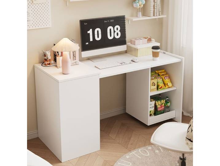Bureau Blanc Pliante Multifonctionnelle avec Deux Compartiments de Rangement Table de Jeu pour Ordinateur Portable 126x55x72.5cm