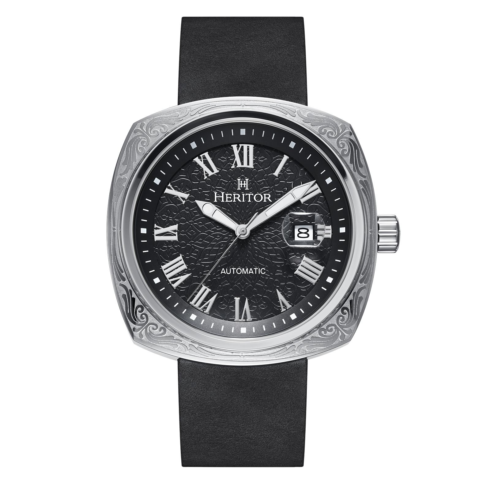 Montre automatique Heritor Davenport avec boîtier gravé et bracelet en cuir avec date