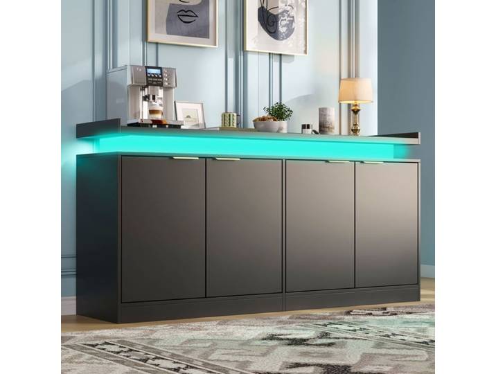 Buffet 160x39x83cm Éclairage LED - Buffet Salle À Manger - 4 Portes Rangement Spacieux Poignées Dorées Design Moderne Noir