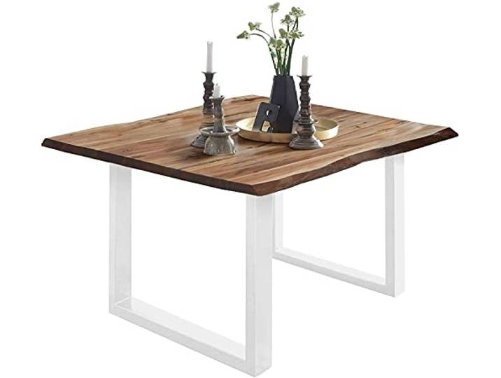 SAM Esstisch Mephisto 90x90 cm Akazie Natur U-Gestell weiß Baumkantentisch massiv, Akazienholz naturfarben, 26 mm Tischplatte, Esszimmertisch, Holztisch