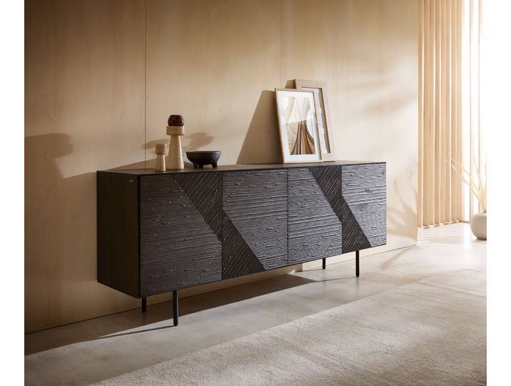 Sideboard Tereos 200 cm Esche Dunkelbraun 3D Effekt 4 Türen Rundfuß Metall Schwarz, Sideboards