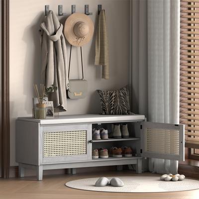 Boho Rattan Shoe Storage with Washable Cushion & Adjustable Shelves by Harper&Bright Designs