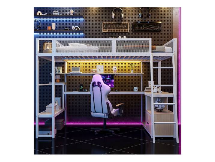 i@home Hochbett Metall-Gaming-Hochbett 140x200 cm (mit integriertem Schreibtisch, LED-Beleuchtung & USB-Ladestation, Hochbett mit Stauraum für Kinder, Jugendliche & Gamer) Ideal für kleine Zimmer und Gaming-Zimmer