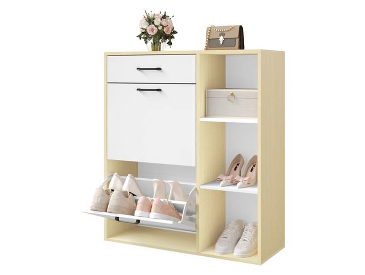 WOLTU Meuble à Chaussures Tiroir et Compartiments Rabattables et Ouverts 80x90x30cm Blanc+Bois Naturel