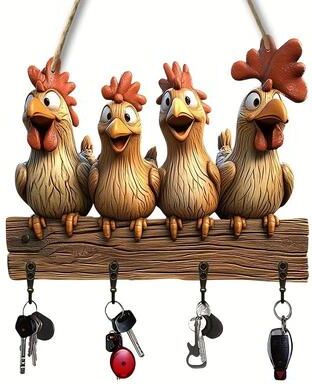 Inspire Select Rustic Hen Wooden Key Holder 2D Wall Mounted Key Hanger With Hooks For Farmhouse Home Decor 1 Pc