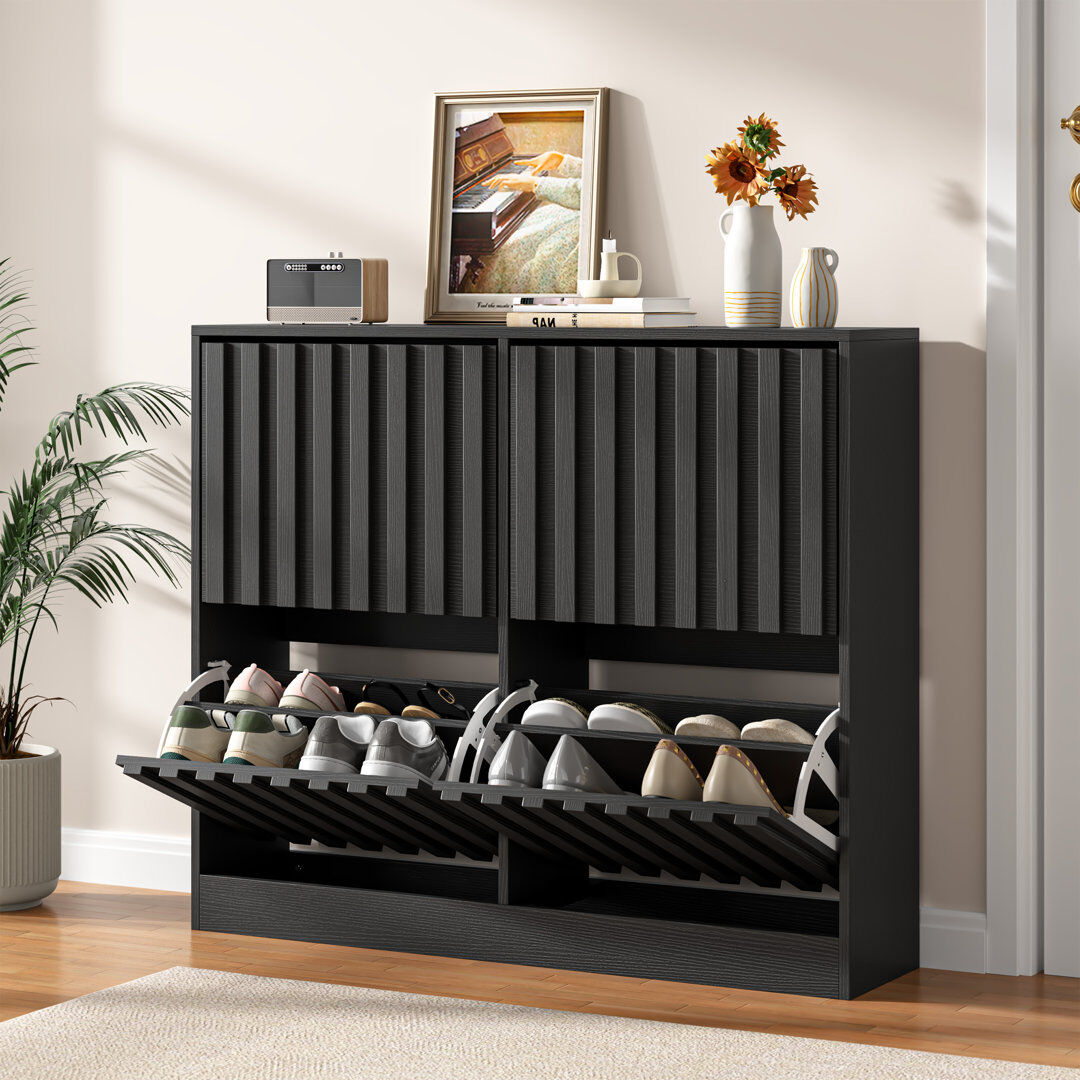 Latitude Run 4 Flip Drawers Shoe Cabinet 18 Pair Flip Down Shoe Storage Black 16