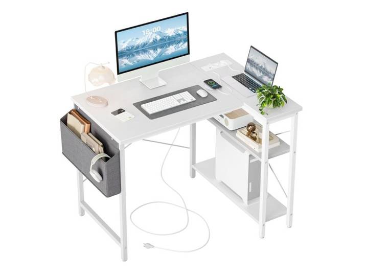 BEXEVUE Bureau d'angle avec Multiprise Intégrée - 100x70cm Petit Table Ordinateur Forme L Blanc