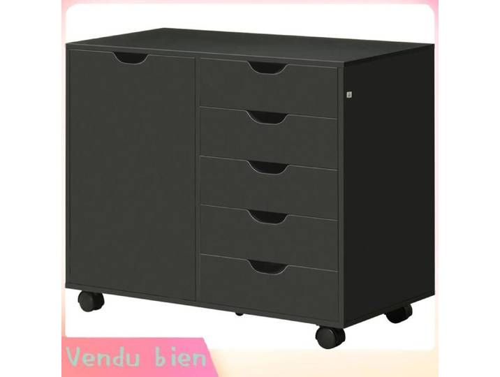 LIA Caisson de bureau avec 5 tiroirs 1 porte étagère réglable support imprimante sur roulettes 78x40x66 5 cm noir