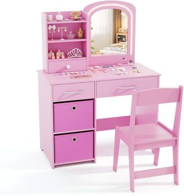 Costway Kids Vanity Set with Lighted Mirror Makeup Desk and Chair Set with Drawers-Pink