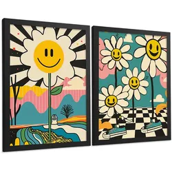 POSTER 4er Kunstdruck-Set Wandbilder Smiley Blume modern Wohnzimmer Deko, Schlafzimmer, Küche, Badezimmer Schwarzer Rahmen A4