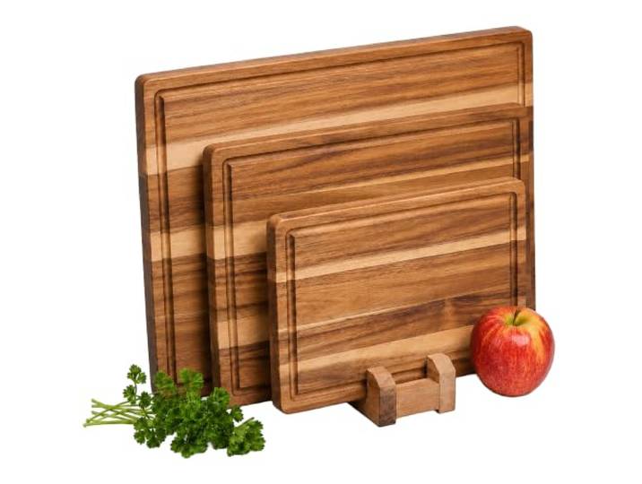 Relaxdays planche à découper\, lot de 3\, 3 tailles\, support\, marron rainure à jus\, bois d'acacia\, planche de cuisine