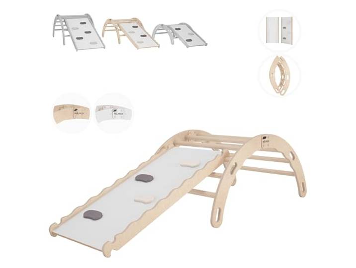 MAMOI® Kletterbogen mit Rutsche, Kletterdreieck, Klettern, Klettergerüst aus Holz, Holzbogen, Rutschbrett für Spielplatz, Klettergerüst Indoor