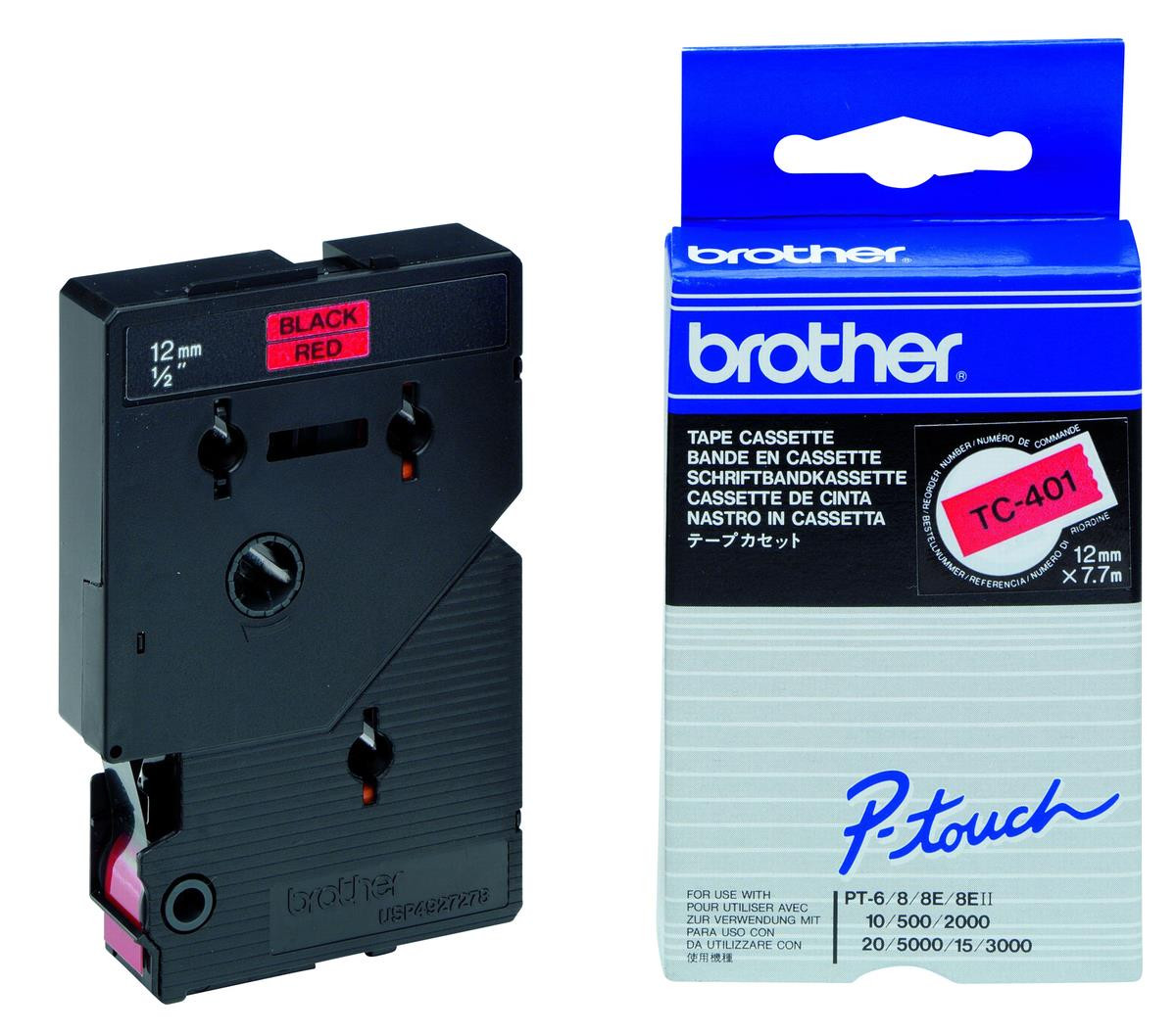 Brother TC-401 inktlintcassette voor thermische labels, 12 mm, zwart of rood