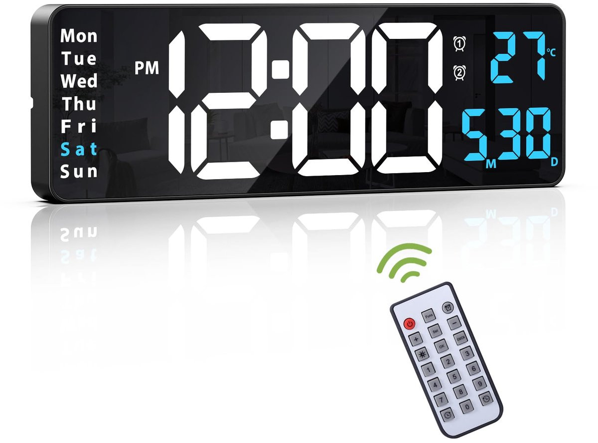 Digitale LED wandklok met 16 inch groot scherm en afstandsbediening, blauw