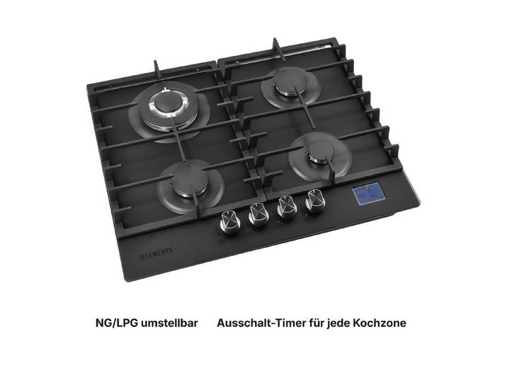 KB Elements Gas-Kochfeld, DIGITALER GAS-STOP-TIMER, MATTE, HITZEBESTÄNDIGE GLASOBERFLÄCHE