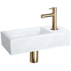 Differnz, Waschbecken, Helios Fonteinset - Wasbak Marmer - Wit - Rechte Kraan - Mat Goud - Standaard Greep - 37.5 x 18.5 x (185 mm, 375 mm)