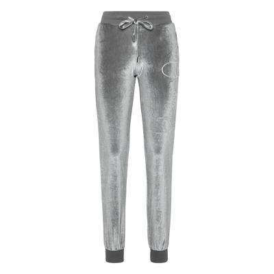 Jogginghose PHILIPP PLEIN "Signature Mit Schmucksteinen", Damen, Gr. XS, US-Größen, grau (10, grau), Obermaterial: 95% Polyester, 5% Elasthan, Hosen Jogginghose