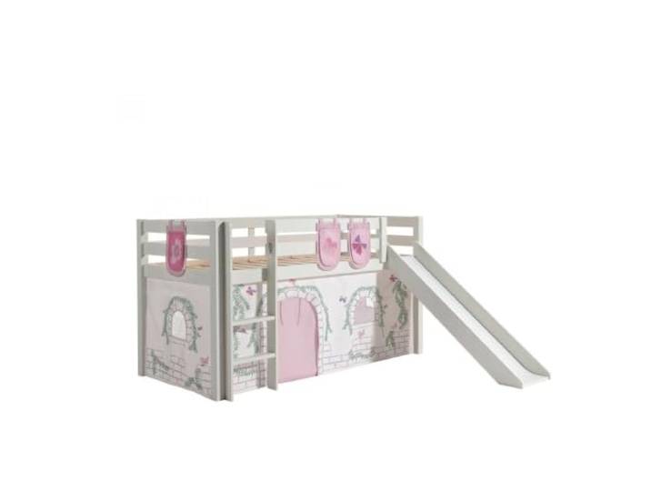 Vipack Spielbett Pino inkl. Rutsche mit Textilset Vorhang und 3 Taschen Birdy Kiefer massiv weiß lackiert