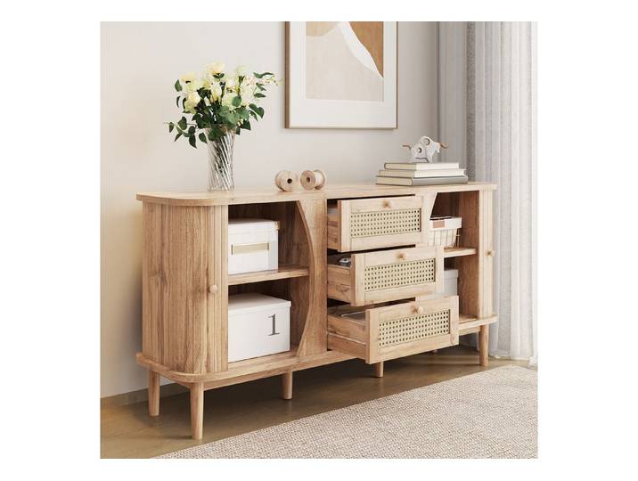 Gdood Sideboard Schrank kommode Kredenz Rattan Küchenschrank (1 St), Moderne 140.5cm breite, Rattan Schubladenfronten, Zwei Türen