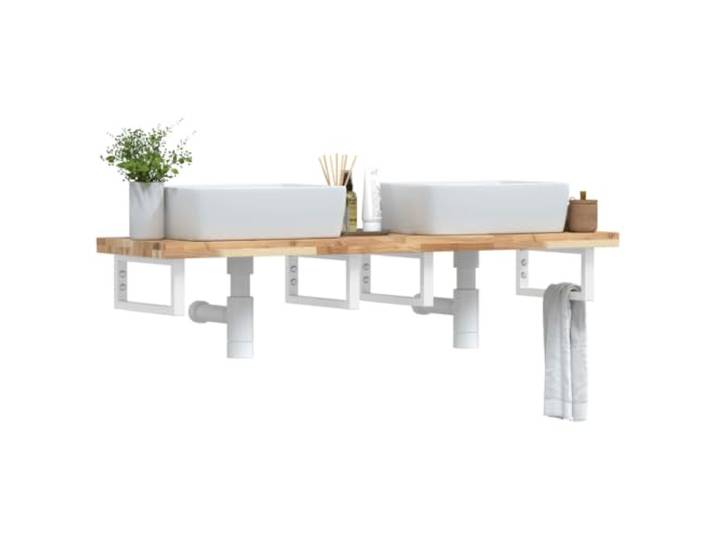 KTHLBRH Waschbeckenregal Wandmontage Stahl Akazienholz Schweberegal Stahlhalterung, massive Akazienholzplatte, flexible Positionierung, Handtuchaufhängung
