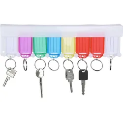Mini-Schlüsselbrett mit 8 bunten Schlüsselanhängern - Beschriftbar & Geschützt - Organisiert Schlüssel für Haushalt & Büro - 27x8cm Weiss - Platzsparend
